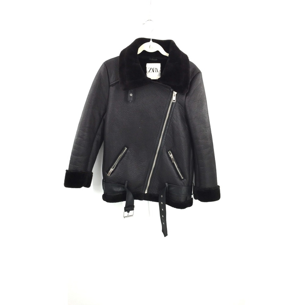 Zara Black vegan leather moto Biker Jacket sherpa retro aviator streetwear‎ S